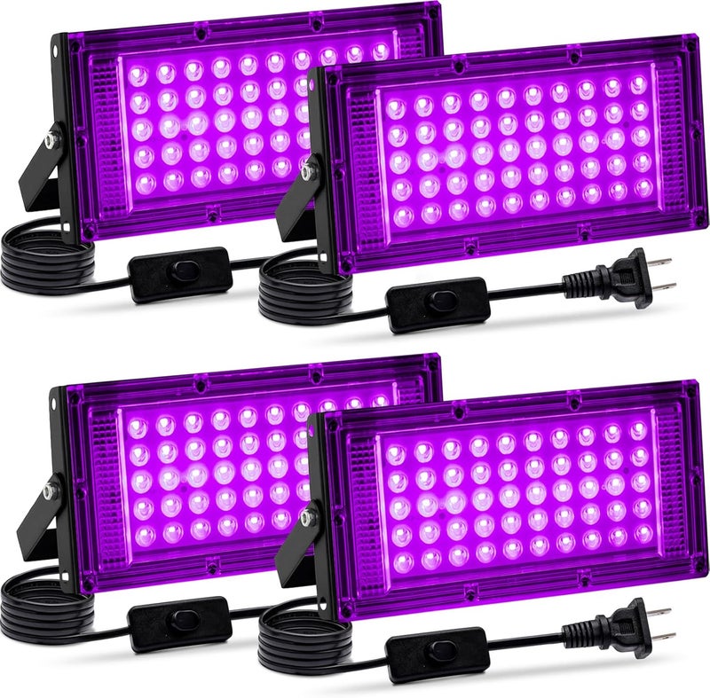 Akpgf Store 4 عبوة 50 واط ضوء أسود، ضوء فيضان LED مع قابس أمريكي ومفتاح، أضواء سوداء لحفلة توهج، هالوين، رسم على الجسم، حفلة عيد ميلاد، رسم فلوريسنت وتنجيد فلوريسنت - Image 1